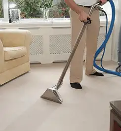 Professional carpet cleaner using a hot-water extraction wand and hose machine in a living room in Bloomington, IN.